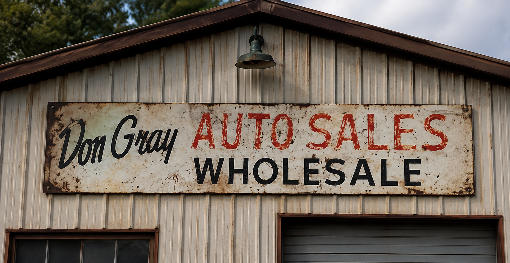 Historic Don Gray Auto Sales Wholesale sign mounted on the dealership building in Chireno, Texas